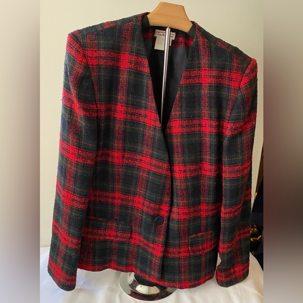 Talbots 80's Vintage Preppy Plaid Wool Blend Tweed Collarless Blazer Jacket 12